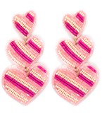Triple Heart Striped Seed Bead Beaded Earrings Pink