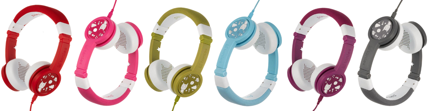 red, pink, green, blue, purple, and gray headphones