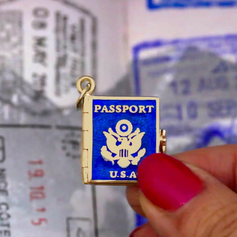 Bespoke passport book charm, blue enamel travel charm