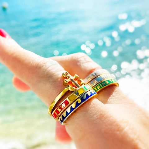 Enamel color rings, wave ring, anchor ring, rainbow compass ring