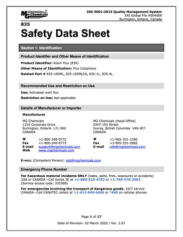 MG Chemicals Rosin Flux Safety Data Sheet