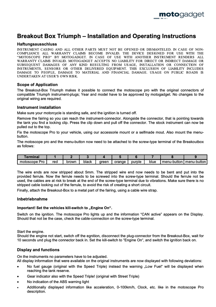 Motogadget Motoscope Pro Break Out Box T for Triumphs Installation Manual