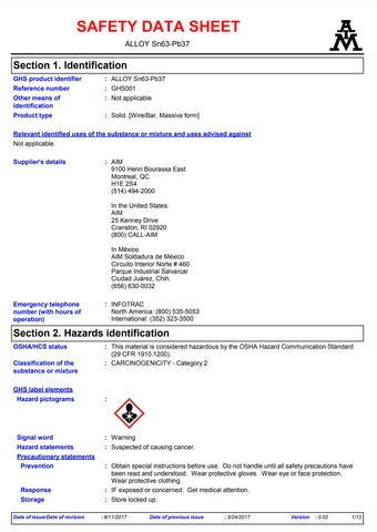 Sn63/Pb37 Solder Safety Data Sheet