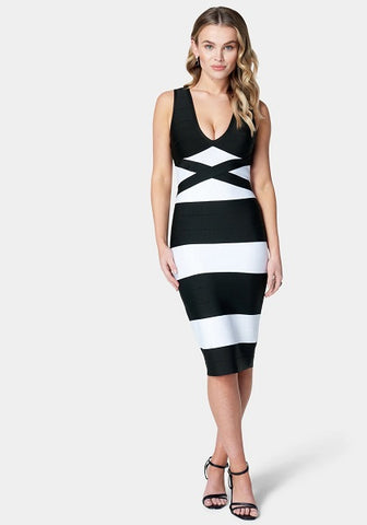 COLOR BLOCKED BANDAGE MIDI DRESS