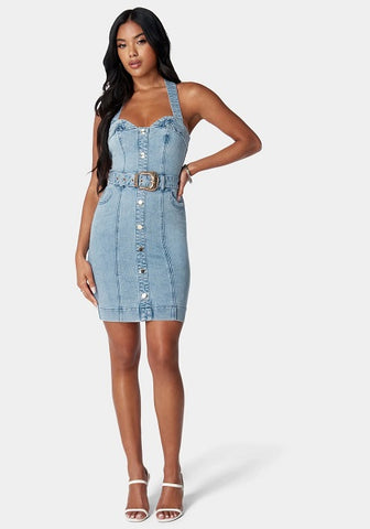 BUTTON DOWN FITTED HALTER DENIM DRESS