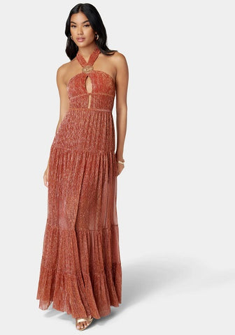 METALLIC PLISSÉ KNIT MAXI