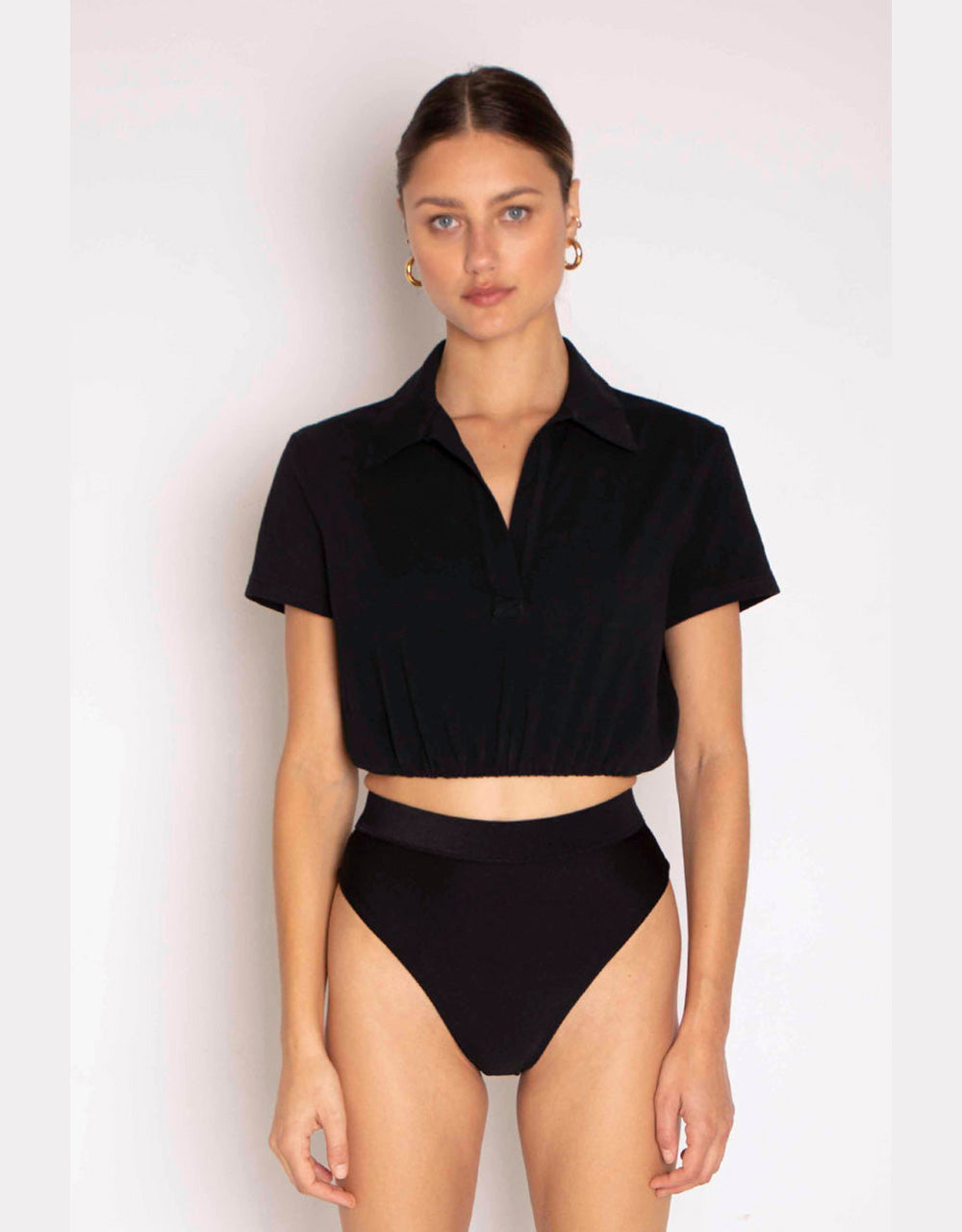 Sueded Jersey Bubble Cropped SS Polo - Jet Black