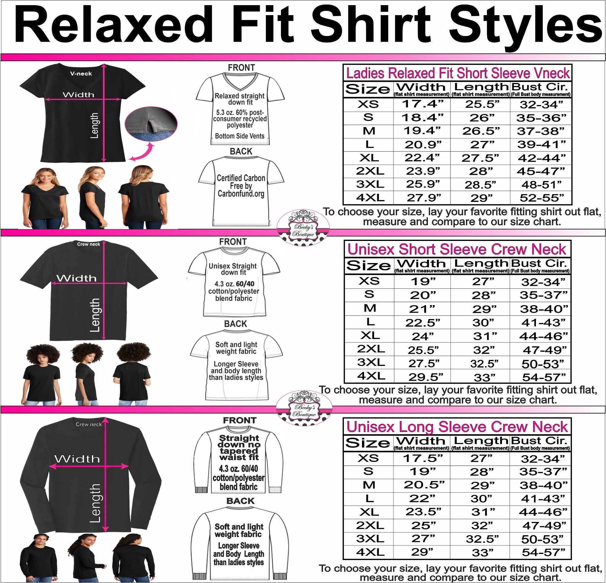 Ladies Relaxed Fit and Unisex Short Sleeve and Long Sleeve Unisex Shirts Size Charts for Becky's Boutique