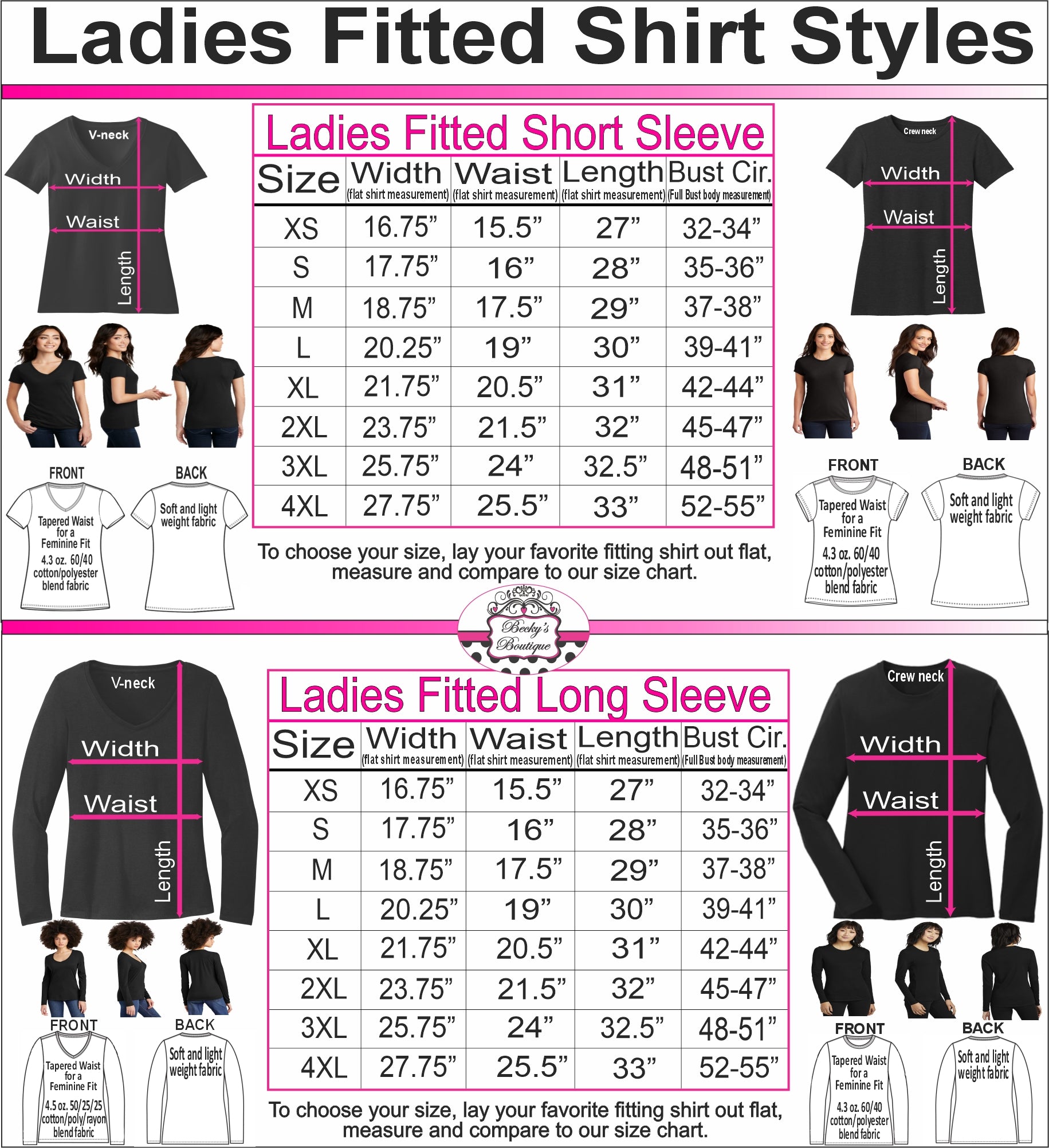 Ladies Fitted Vneck and Crew neck Short Sleeve and Long Sleeve Size Charts for Becky's Boutique