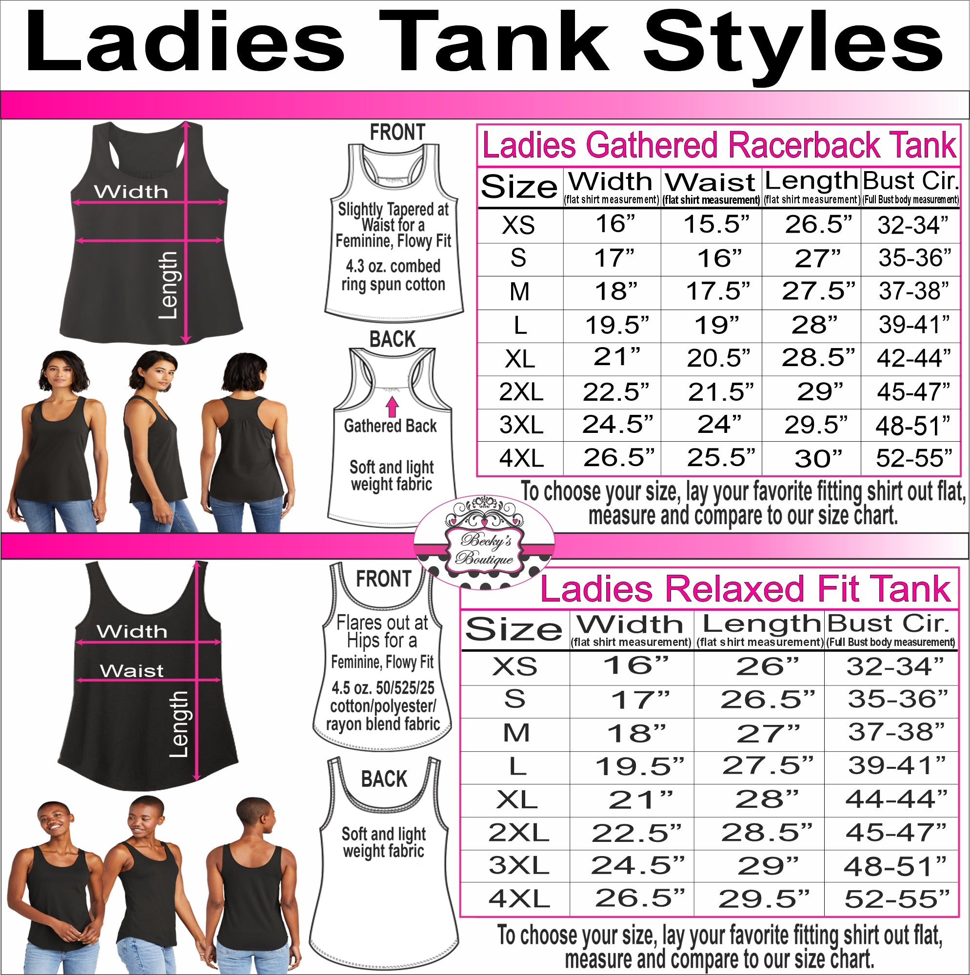 Ladies Racerback Tank and Ladies Relaxed Fit Tank Sizing Charts for Becky's Boutique