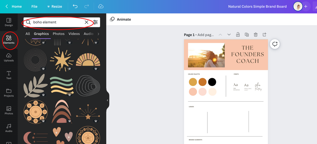 how to find graphic elements in canva
