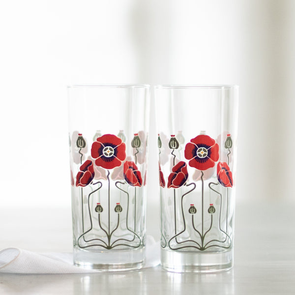 SET OF 6 Tall Drinking Glasses w/Poppy Floral Art Made in Russia, 8 fl oz  each