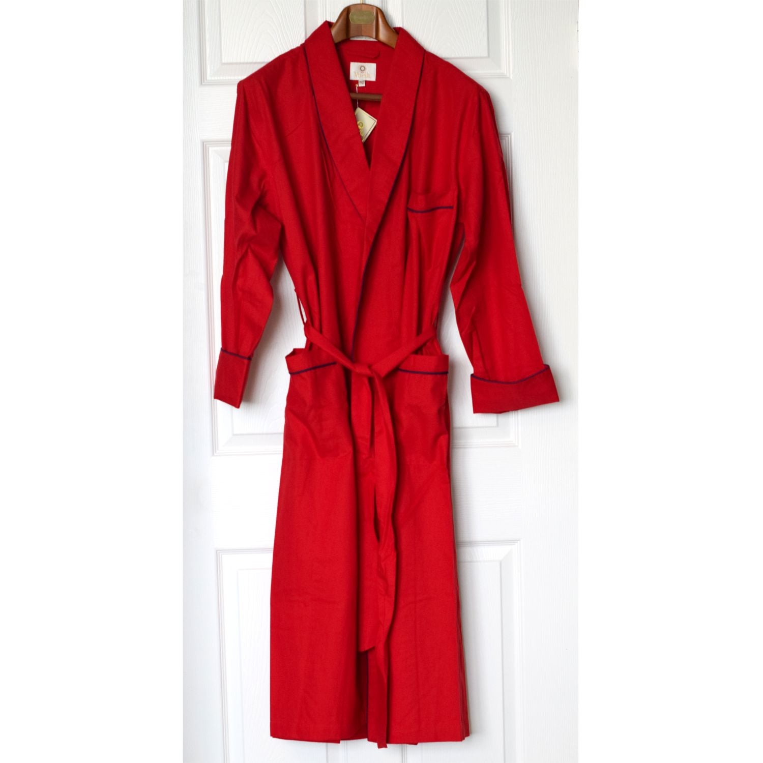 Gentleman's Cotton and Wool Blend Robe in Solid Red with Navy Piping b ...