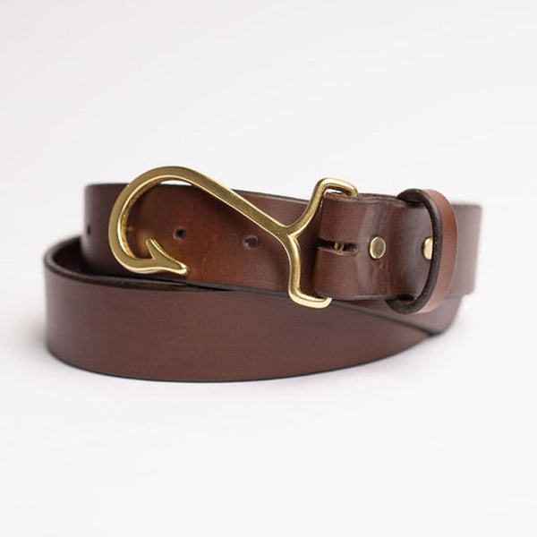 Leather Belt In Dark Brown With Brass Fish Hook Buckle By Country Club Prep