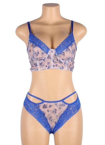 Blue Lace floral Bra Set With Underwire