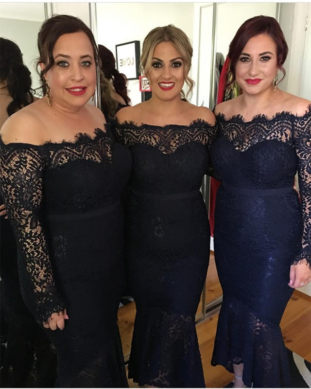 navy blue lace long sleeve bridesmaid dresses