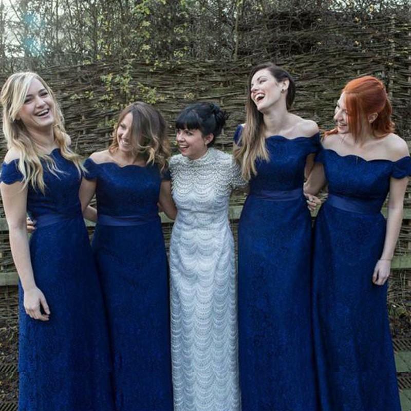 blue off the shoulder bridesmaid dress