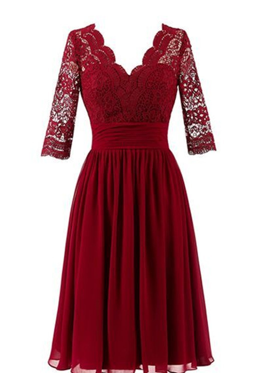 Unique Dark Red V Neck Chiffon Bridesmaid Dress Short Prom Dresses