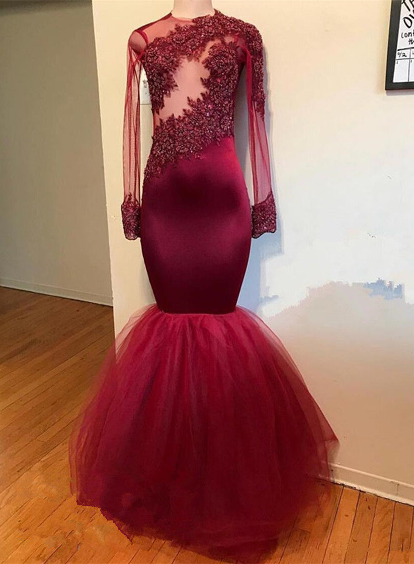 long sleeve burgundy mermaid dress
