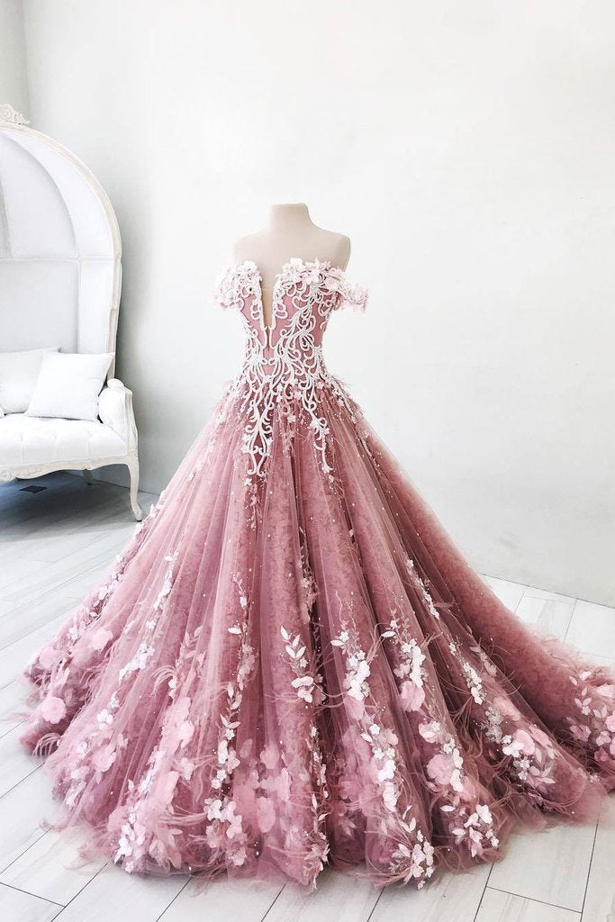 pink off shoulder prom dress