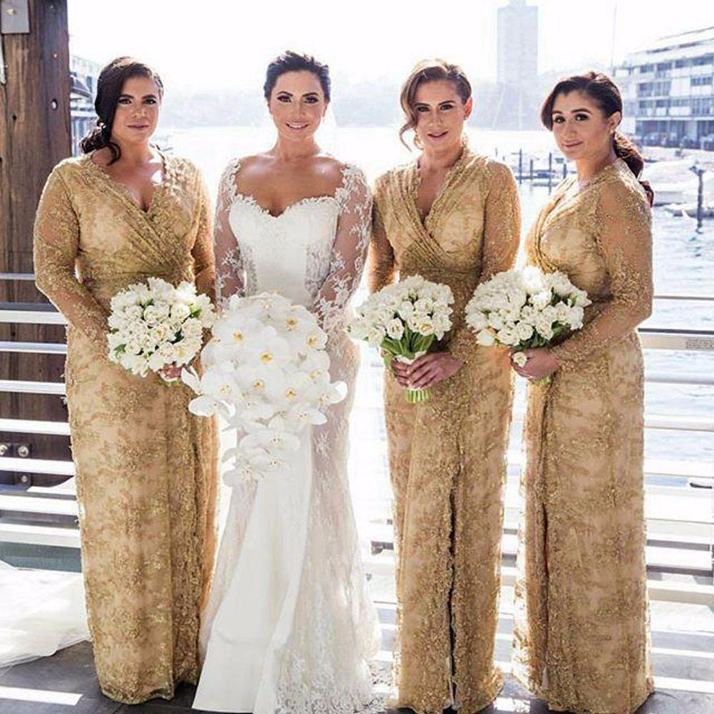 Gold V Neck Long Sleeves Lace Bridesmaid Dresses Plus Size Prom
