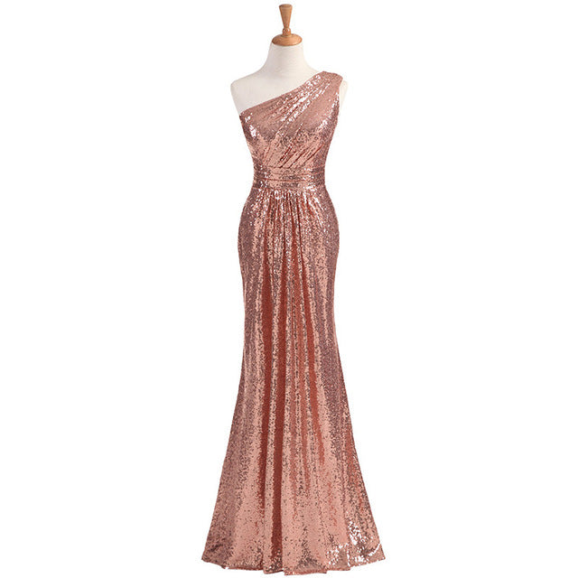 one shoulder rose gold dress