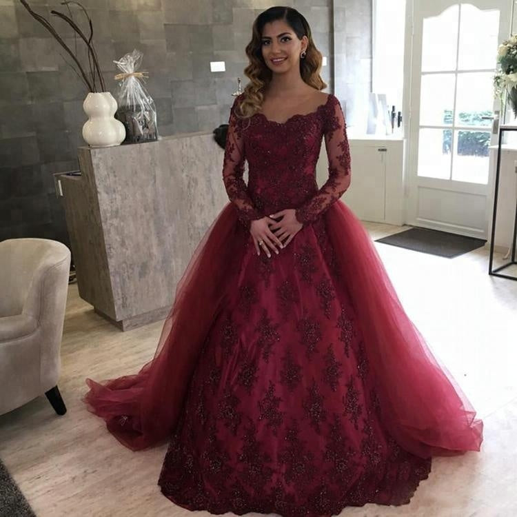 maroon long dress with lace