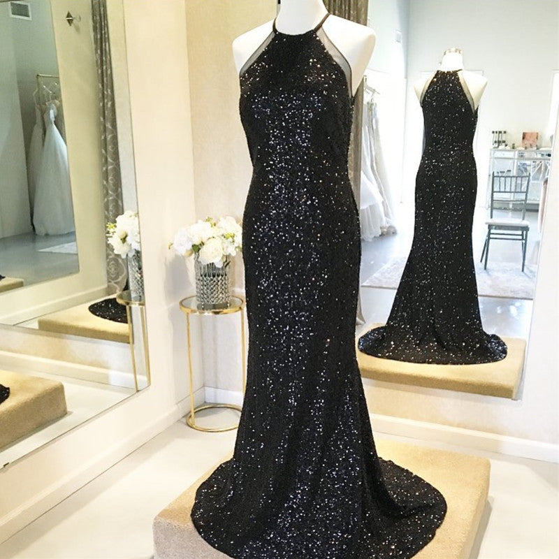 Black Sleeveless Empire Long Sequin Prom Dresses Cheap Evening Dresses ...