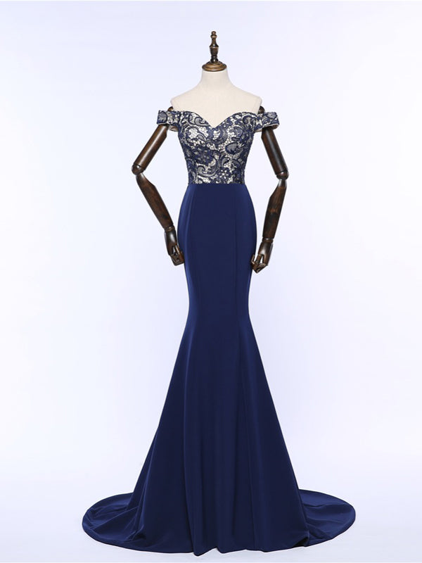 navy blue off shoulder prom dress