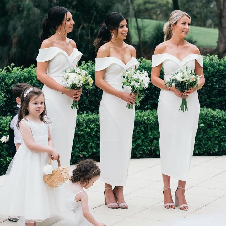 white satin off the shoulder dress