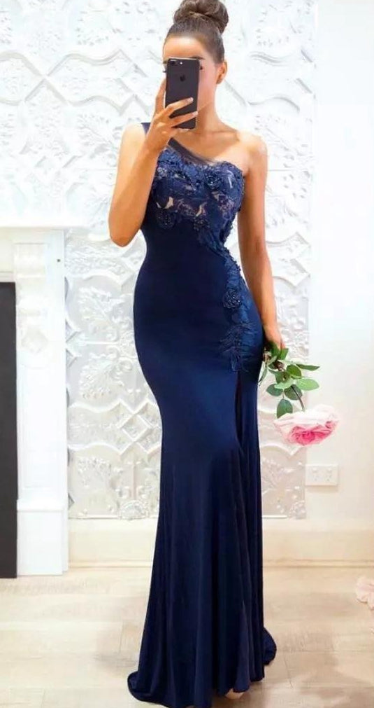 navy blue one shoulder dress