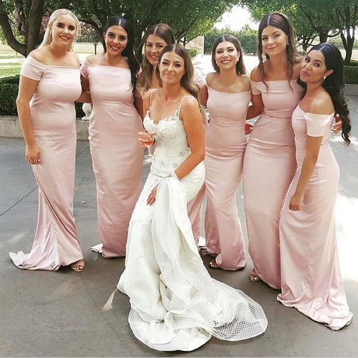 Blush Pink Off Shoulder Short Sleeves Satin Bridesmaid Dresses – EVERISA