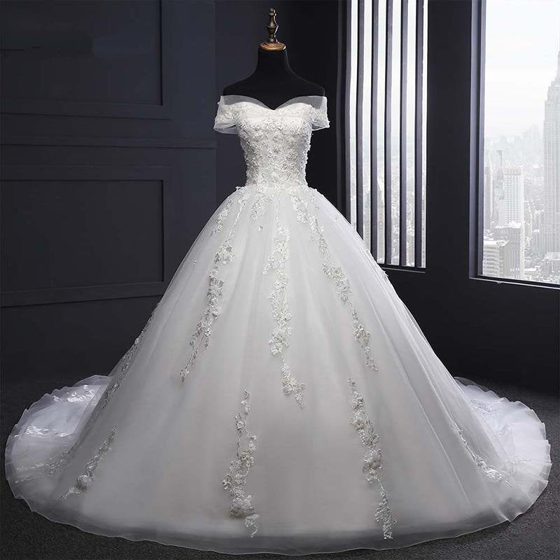Off Shoulder Lace A Line Wedding Dresses,Court Train Bridal Dresses ...
