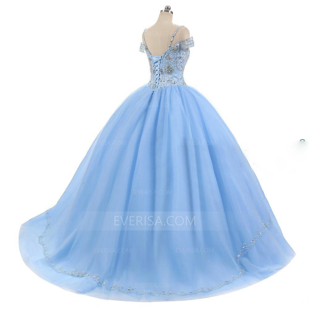 Sky Blue Off Shoulder Beaded Prom Dresses,A Line Quinceanera Dresses ...