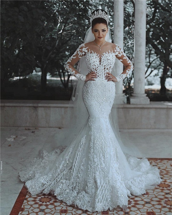 White Long Sleeves Lace Beaded Wedding Dresses Mermaid Bridal