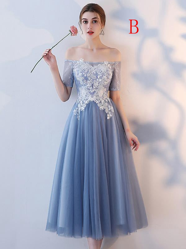 Blue Half Sleeves Lace Appliques Prom Dresses,Tulle Graduation Dresses ...