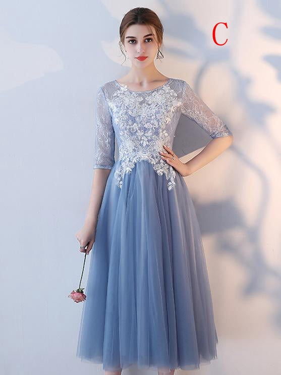 Blue Half Sleeves Lace Appliques Prom Dresses,Tulle Graduation Dresses ...