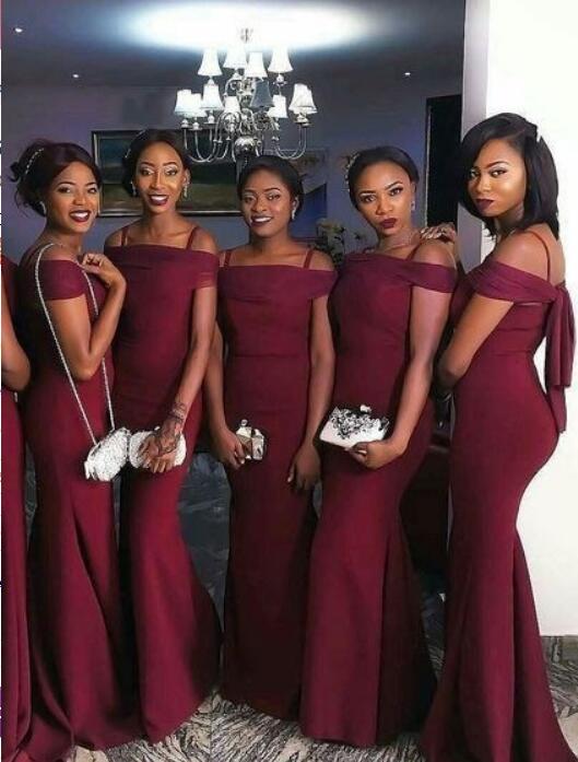 maroon off the shoulder bridesmaid dress