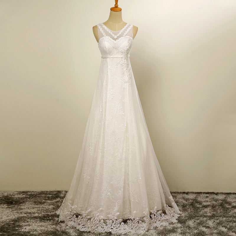 White Sleeveless Beaded Wedding Dresses,Lace Appliques Bridal Dresses ...