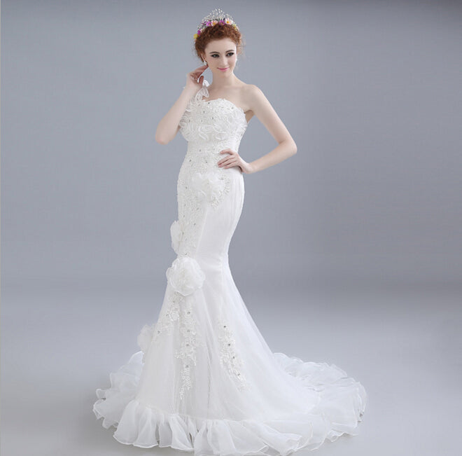 White One Shoulder Lace Appliques Wedding Dresses,Mermaid Bridal Gown ...