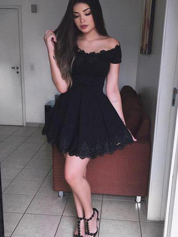 Simple Black Off Shoulder Lace Cocktail Dresses Short Homecoming Dresses - EVERISA