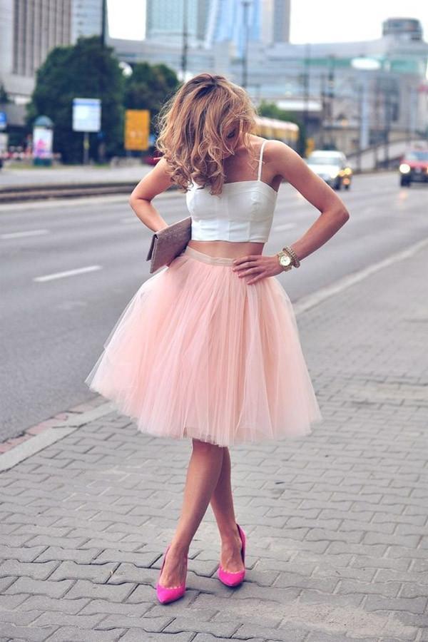 Fashion Pink Sleeveless Two Piece Tulle Prom Dress Cheap Mini
