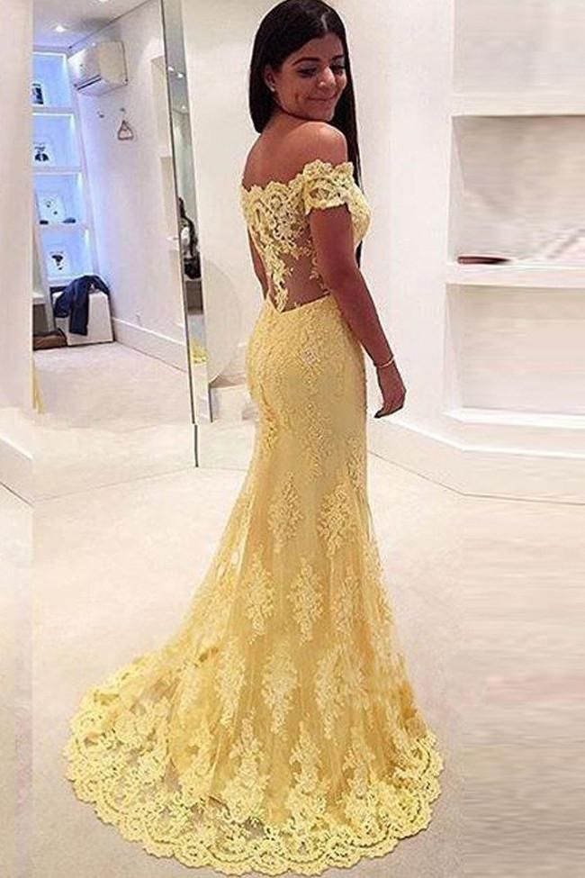 yellow off the shoulder mermaid dress