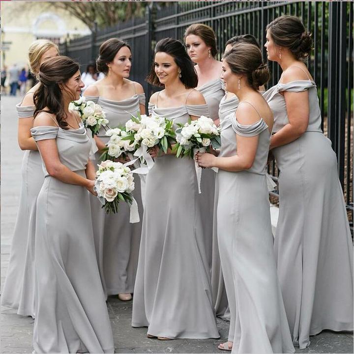 off the shoulder grey bridesmaid dresses