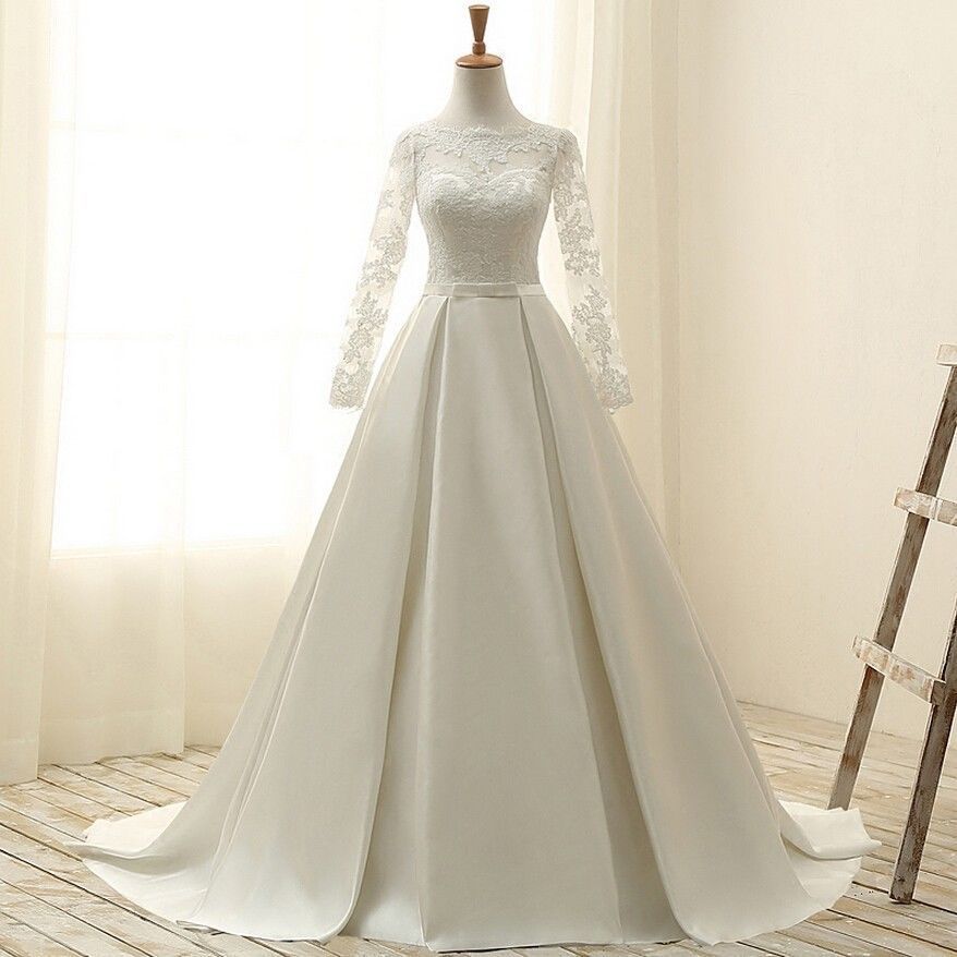 satin wedding dress with lace sleeves