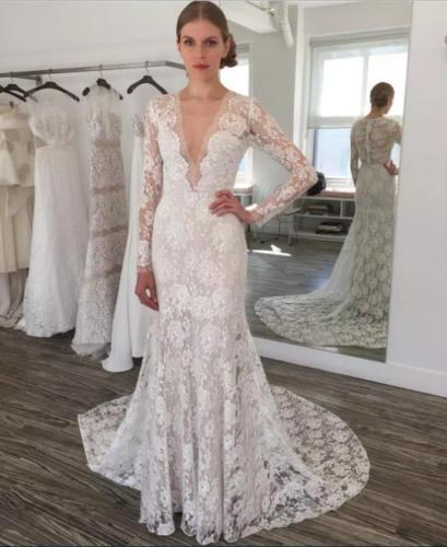 long sleeve deep v wedding dress