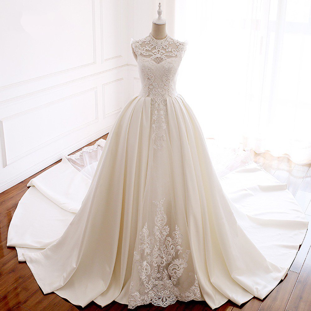 Unique Lace Appliques Wedding Dresses,Sleeveless Satin Bridal Dresses ...