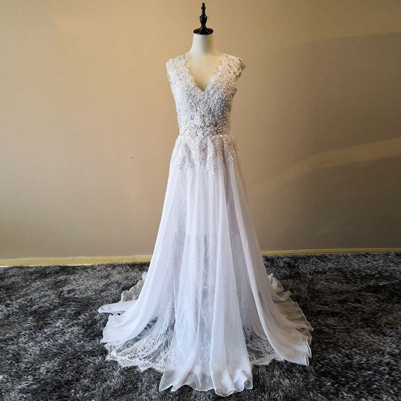a line v neck chiffon wedding dress