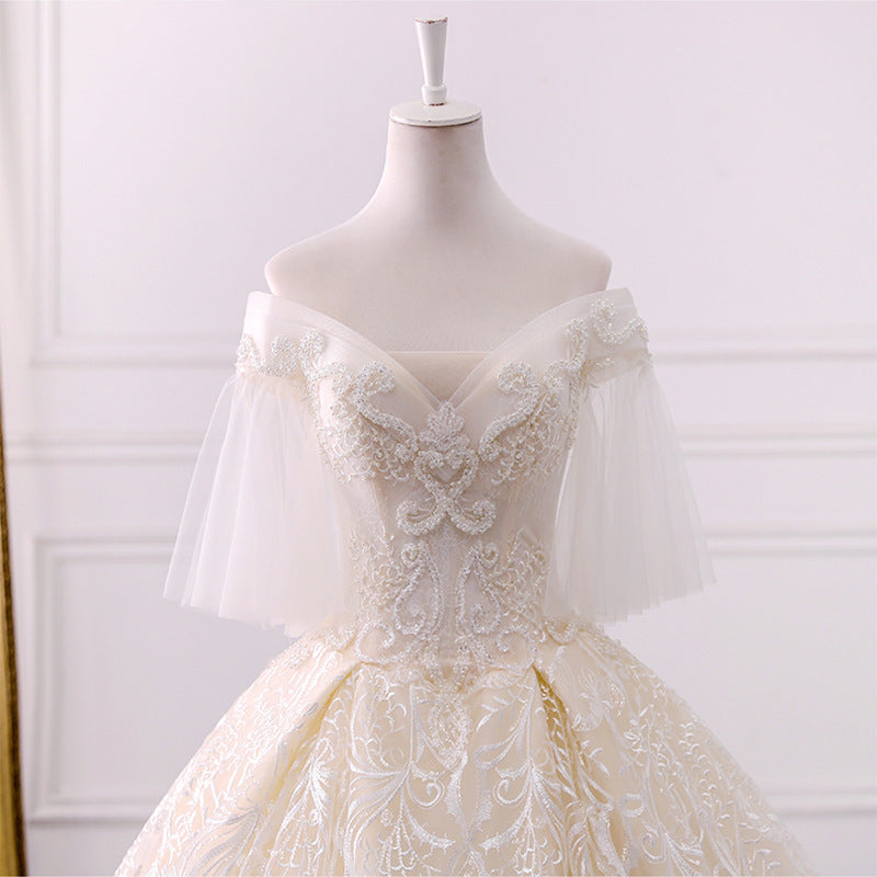 Champagne Off Shoulder A Line Wedding Dresses,Lace Bridal Dresses – EVERISA