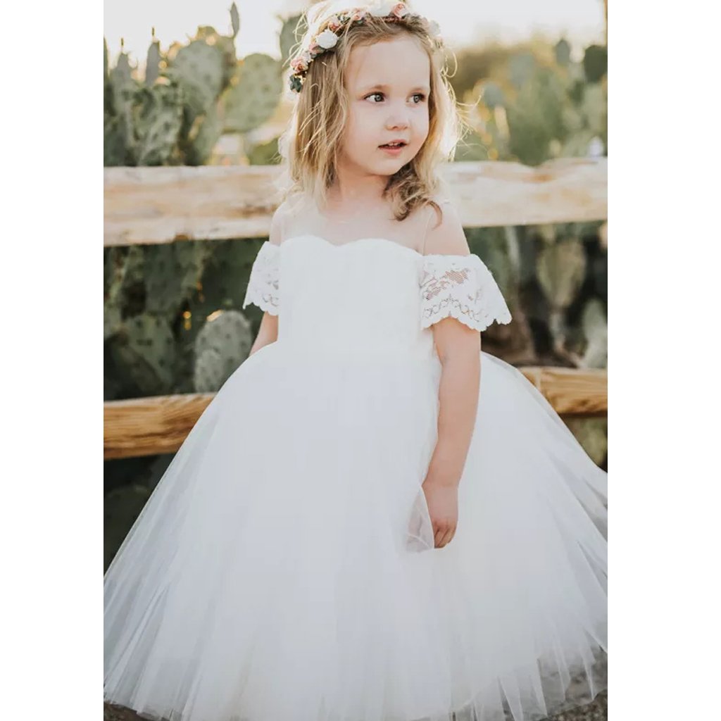 Cute White Off Shoulder A Line Tulle Flower Girl Dresses With Lace